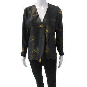 Go By GoSilk Womens Printed V Neck Long Sleeves Blouse Black Size Extra Small